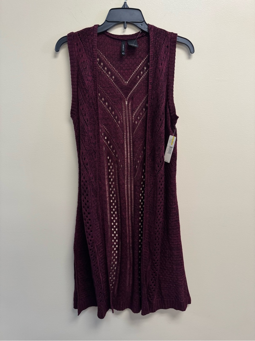 New Directions Open-Knit Long Sleeveless Cardigan - Burgundy